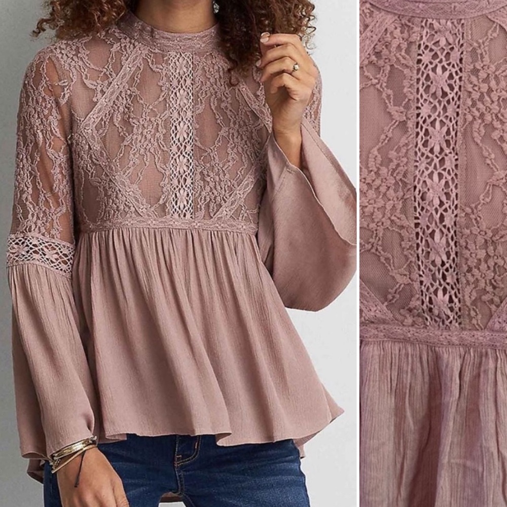American Eagle Dusty Rose High Neck Bell Sleeve Mesh Lace Top- M
